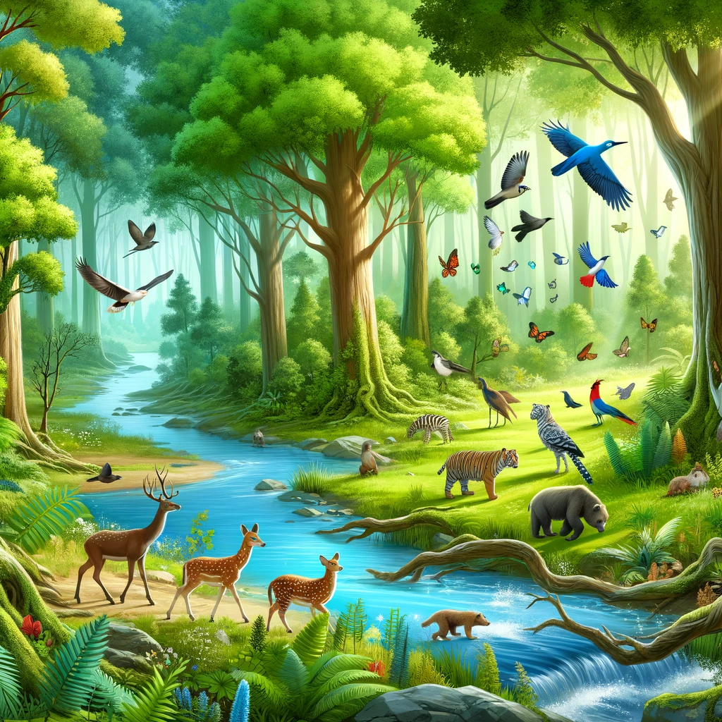 A-serene-forest-landscape-with-a-diversity-of-wildlife-including-birds-in-the-canopy-and-small-animals-on-the-forest-floor-showcasing-a-healthy-ecos.