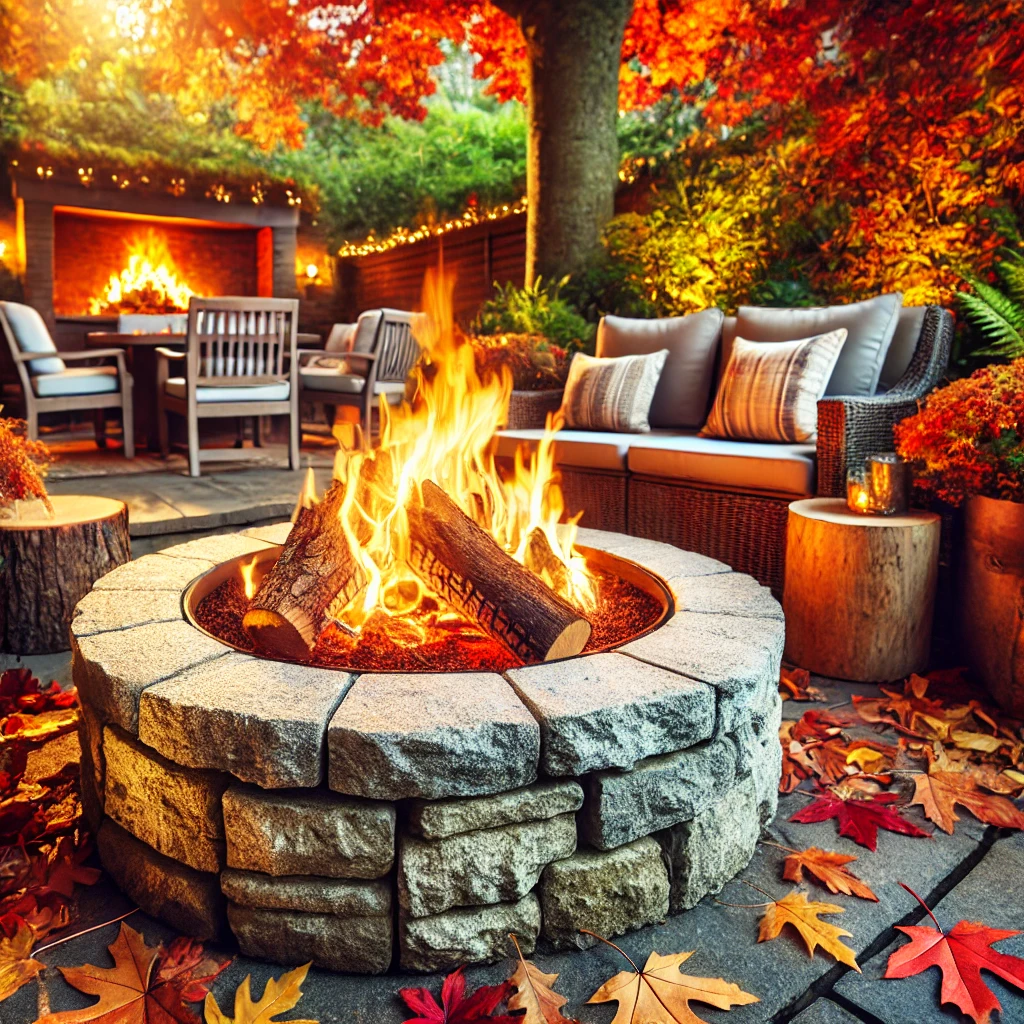 Close-up view of a stone firepit with bright flames, surrounded by autumn leaves and cozy seating. The scene captures the warmth and inviting atmosphere perfect for fall gatherings.